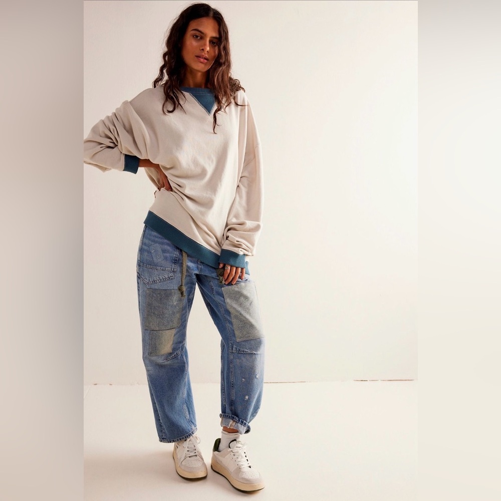 Free People We The Free Classic Crew Colorblock Sweatshirt In Tea Combo Size Med - Picture 7 of 7